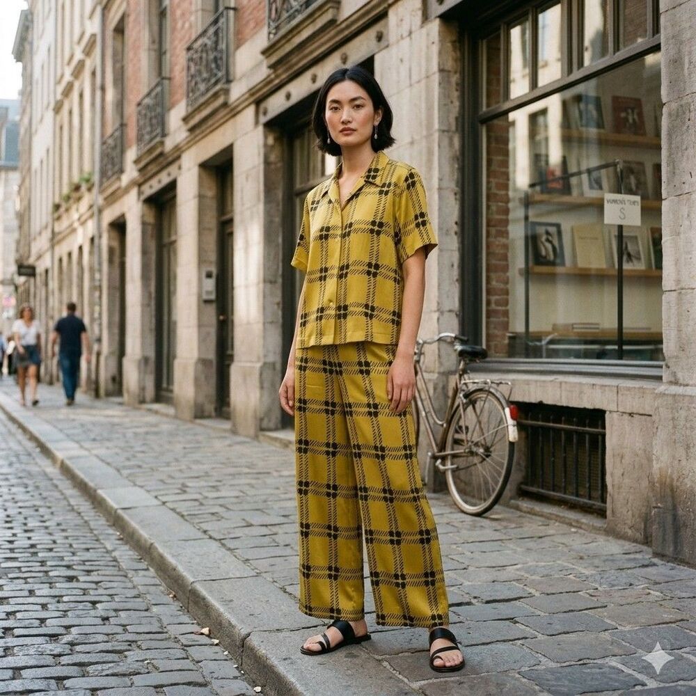 Marni X Uniqlo Oversize Drape Relaxed Wide-leg Satin Pant Set Yellow Plaid Sz S